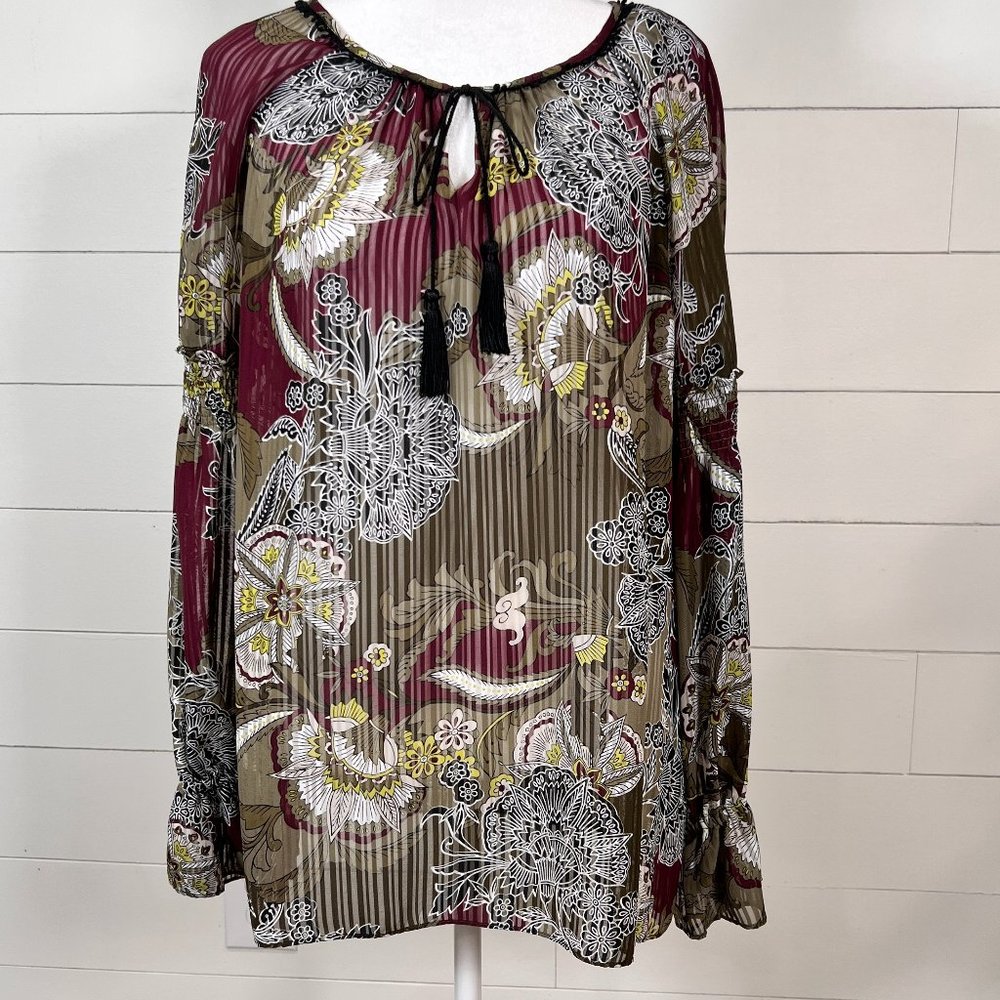 Jones New York Sheer Green and Burgundy Long Sleeve Floral Blouse w/ Tie Size M